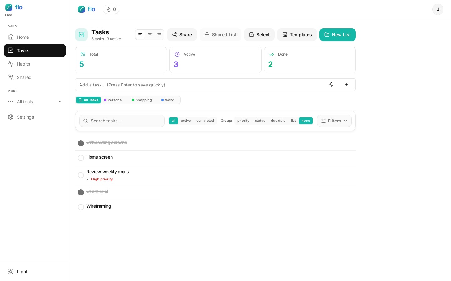 Creating today’s tasks in flo from a yearly goal tracking plan