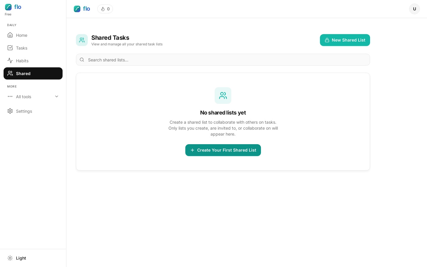 Shared collaborative task list empty state in flo ready for invites